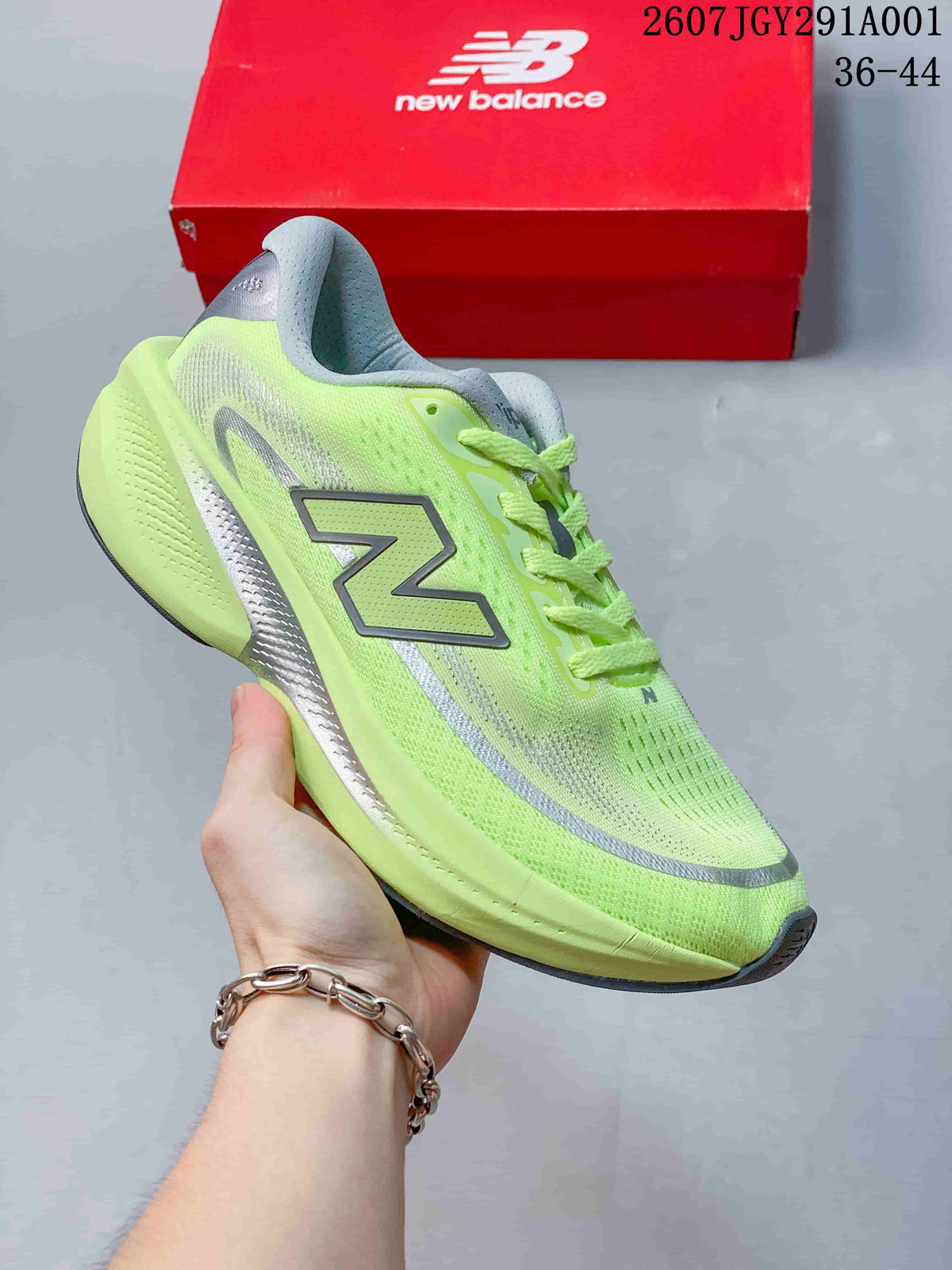 Lime green New Balance running shoe with silver accents.