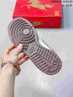 Nike SB Dunk Low outsole with circular tread, shown beside a patterned red shoe box