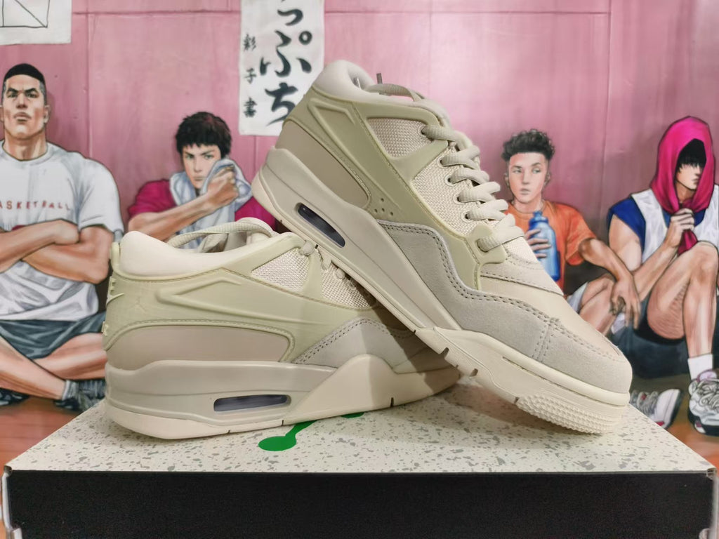 Angled view of beige Nike sneakers showing the side panels, laces, and heel Air unit.