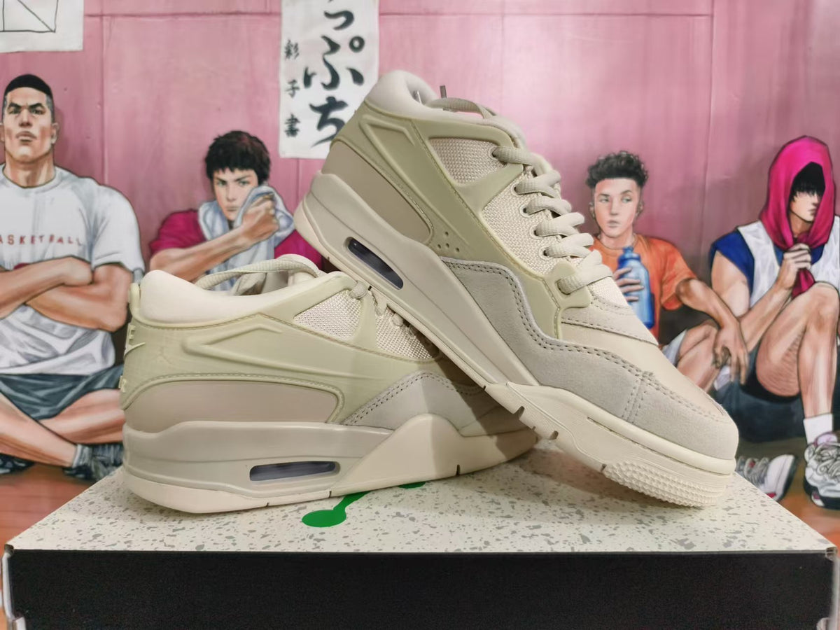 Angled view of beige Nike sneakers showing the side panels, laces, and heel Air unit.
