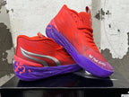 Pair of red Puma Melo basketball shoes with purple soles and graphic accents.