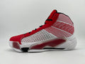 White and red high-top basketball sneaker with patterned side panels, black laces, and a sculpted sole