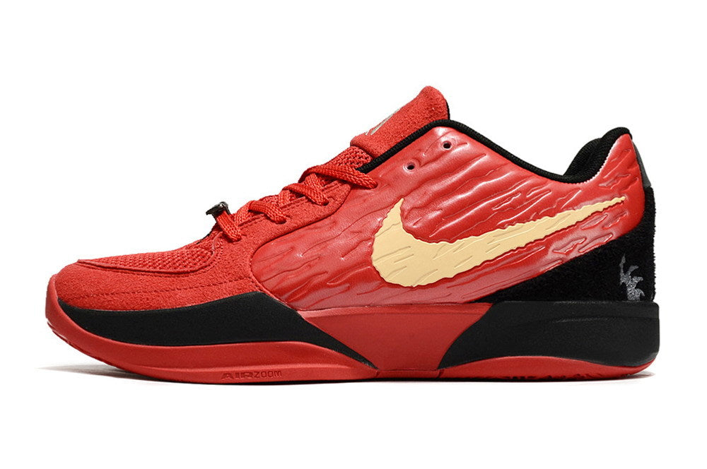 Side profile of a red, black, and gold Ja 2 basketball shoe.