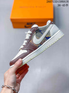 Side profile of the low-top sneaker showing the white Swoosh, brown overlays, patterned quarter panel, and pale outsole.