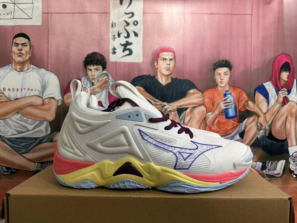 Side view of a white Mizuno Wave Momentum 3 shoe with purple laces and a multicolor sole.