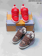 Red and brown Trainer-style sneakers photographed together, showing both colorways.