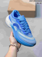 Angled side view of the blue On Cloudmonster 3 Hyper running shoe showing the mesh-like upper appearance, side logo, and white midsole; image text shows style code 2607JHD324A24 and size range 36–45.