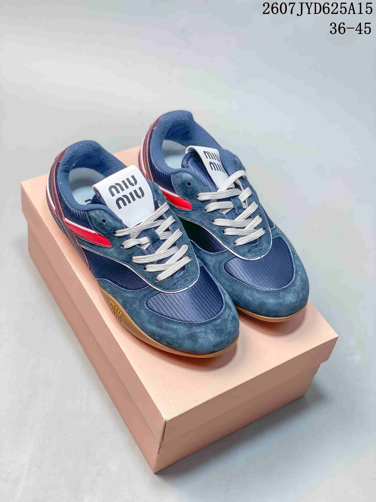 Pair of navy Miu Miu low-top sneakers with red and burgundy accents shown on a box; image text lists style code 2607JYD625A15 and sizes 36–45.
