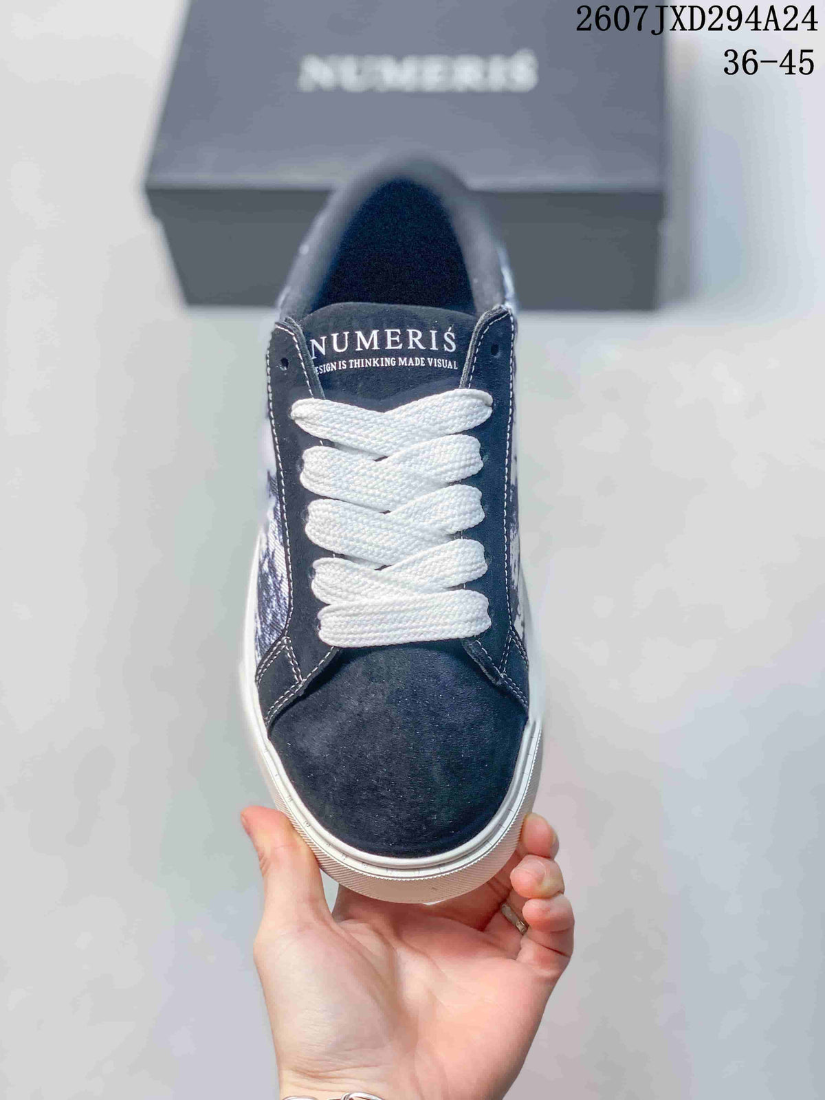Top view showing the navy toe, white laces, and NUMERIS branding on the tongue
