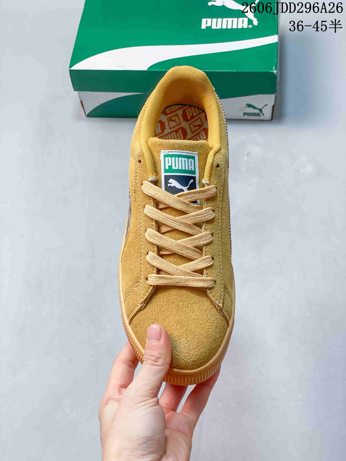 Top view of the wheat sneaker showing the lace-up vamp, padded collar and PUMA tongue label.