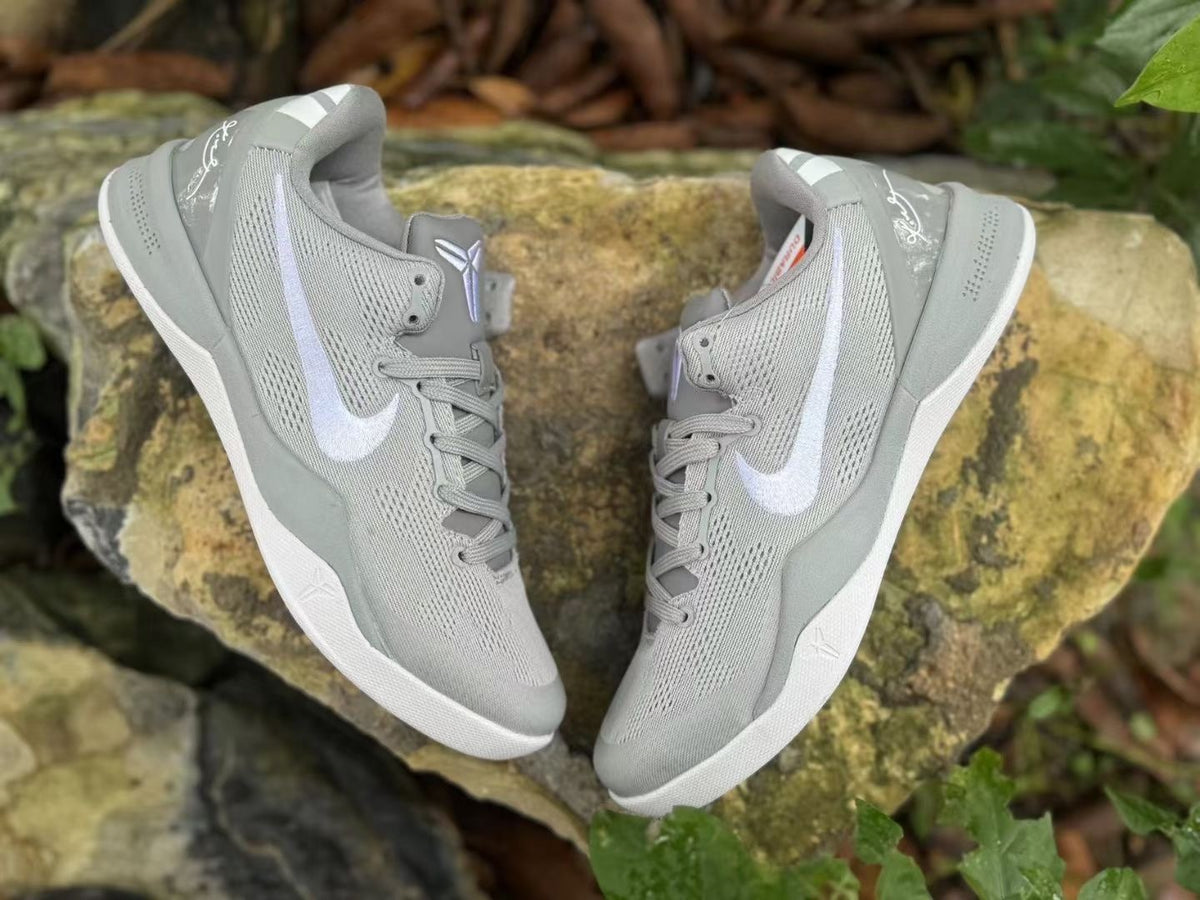 Top view of a pair of Wolf Grey Nike Kobe 8 basketball shoes