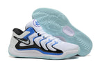 White and blue Nike KD 17 basketball shoes with a mint-colored outsole.