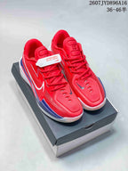 Pair of red Nike Air Zoom G.T. Cut EP basketball shoes displayed on a shoebox, with visible size range text and style code.