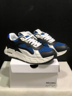 Pair of black, blue, and white Off-White low-top sneakers displayed on a shoebox; the box label shows EU size 41.