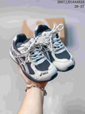 Pair of ASICS HYPERSYNC kids’ sneakers in white, navy and black, shown from the front with the style code and size range visible above.