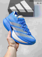 Blue adidas Adizero Prime X3 shoe with gray side stripes.