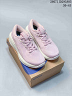 Pair of pink ASICS Gel-Cu sneakers displayed on an ASICS shoebox; style code 2607JJD295A05 and size range 36–45 are overlaid.