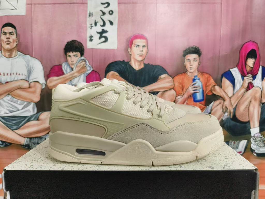 Side view of beige Nike sneakers with mesh panels, layered overlays, and a visible heel Air unit.