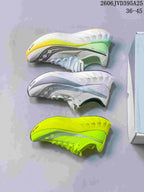 Three Saucony running shoes displayed from above in white, pale blue-gray, and neon yellow colorways; image text states 36–45.
