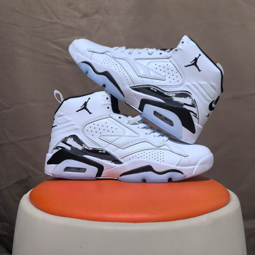 Pair of white and black Jordan 6-style high-top sneakers shown from the side.
