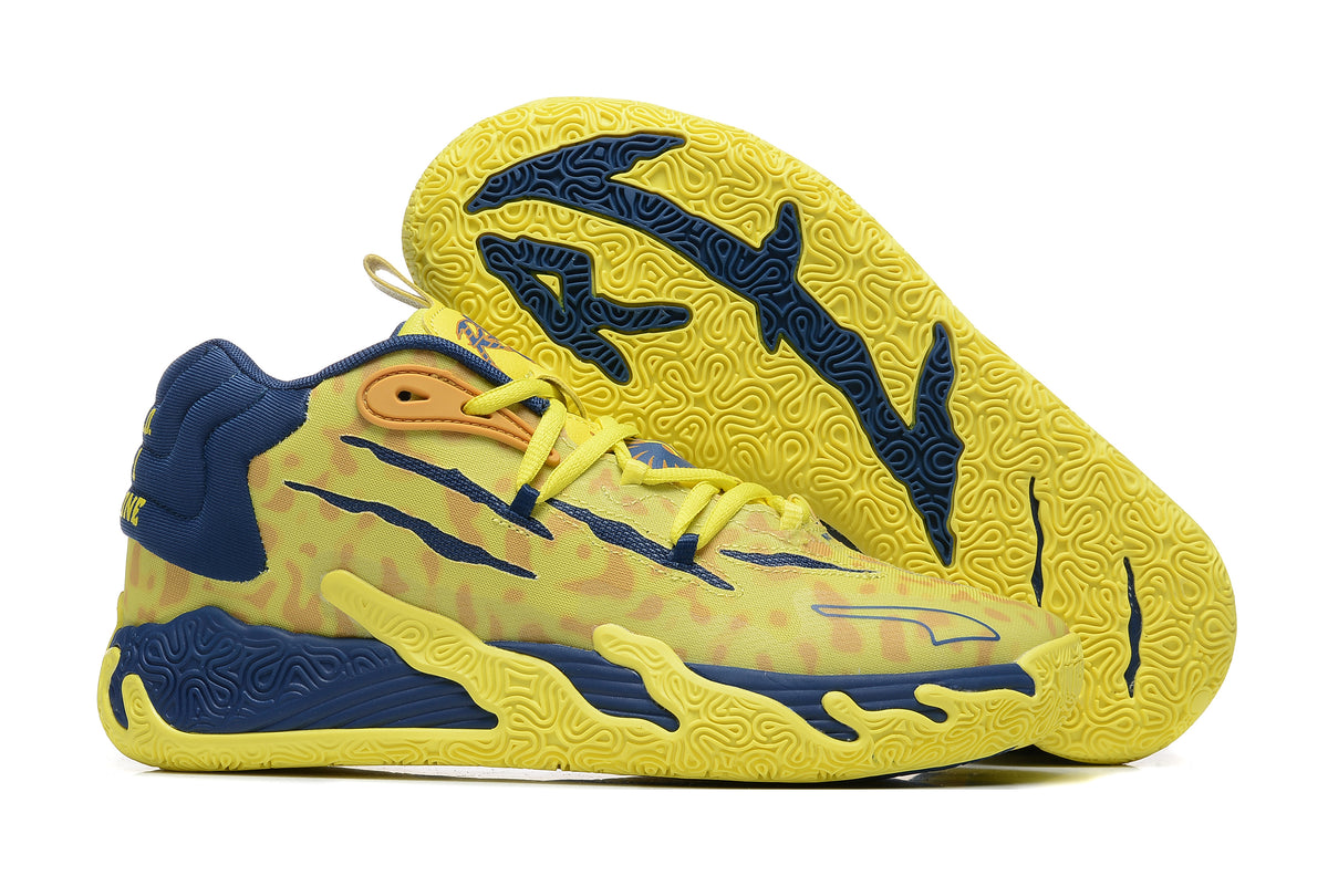 Yellow and navy high-top basketball shoe with a patterned outsole.