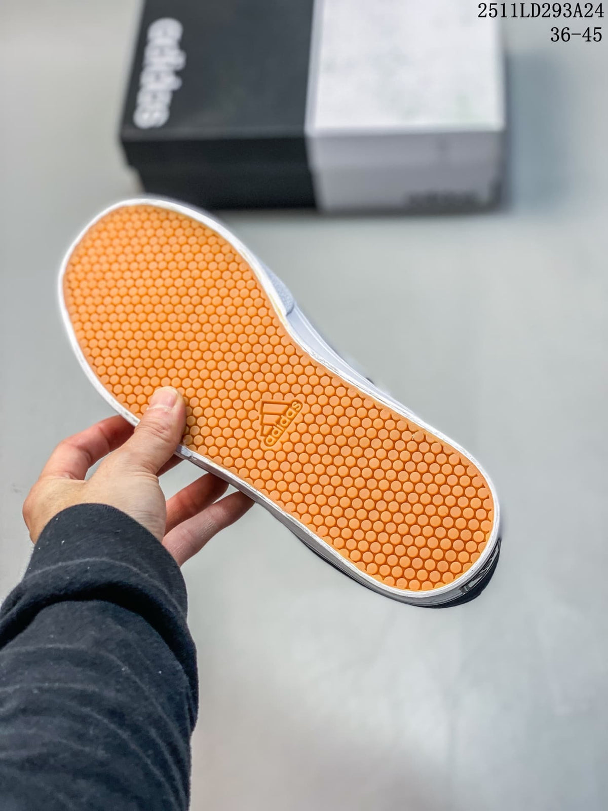 Close view of the orange patterned outsole with an adidas mark; overlay text shows 2511LD293A24 and size range 36–45.