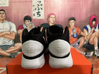 Rear view of black and white high-top basketball shoes