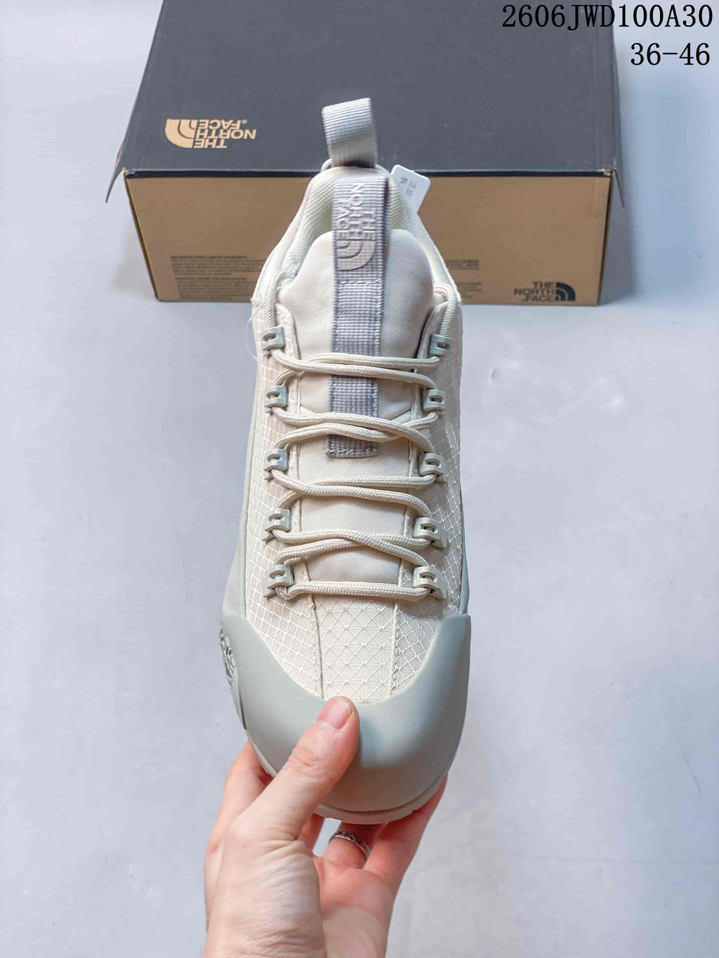 Top view showing the lace-up closure and tongue pull tab