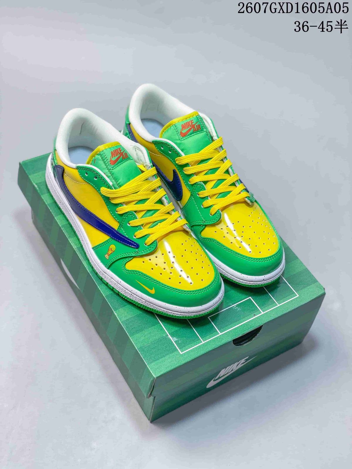 Pair of green, yellow, blue and white low-top sneakers displayed on a green basketball-court-style shoebox.