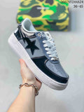 Black, gray and white low-top sneaker with glossy star side graphic and white sole; source overlay shows style code 2607NY244A24 and size range 36–45.
