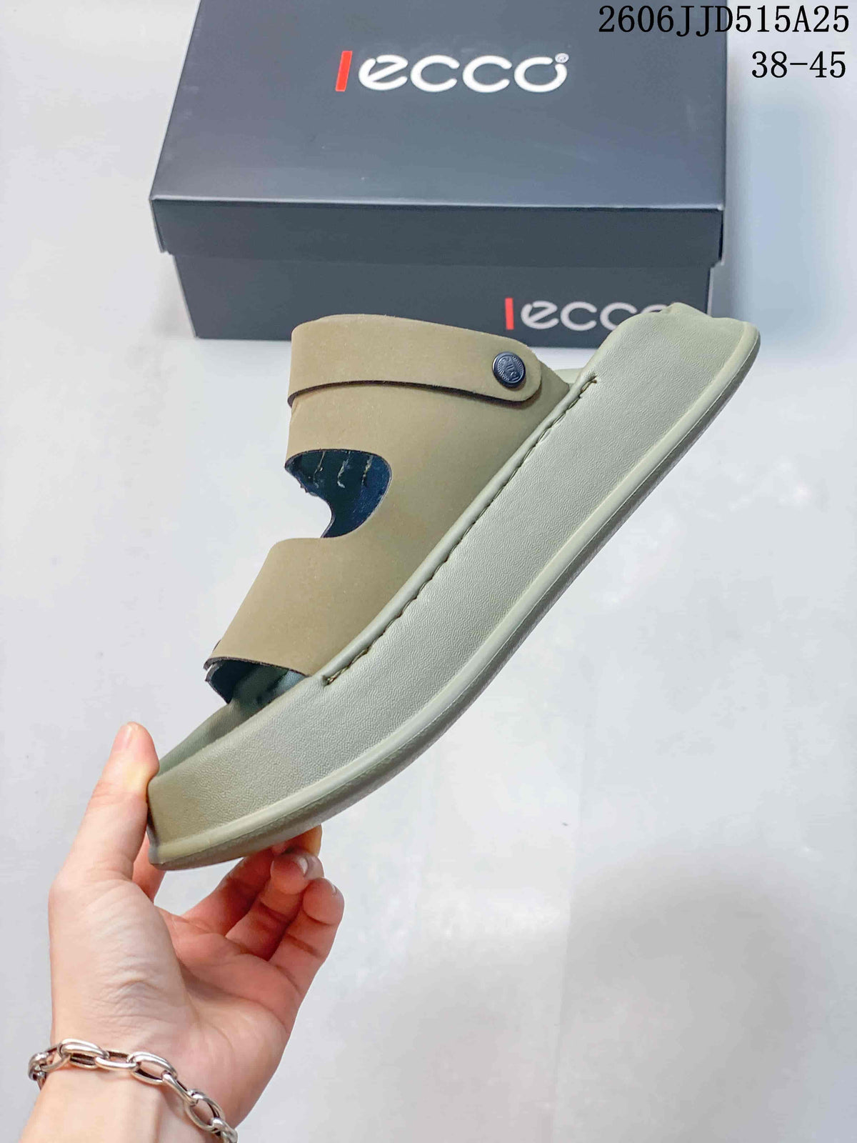 Side profile of the olive-tan sandal showing the layered sole, open-toe shape, and adjustable upper strap.