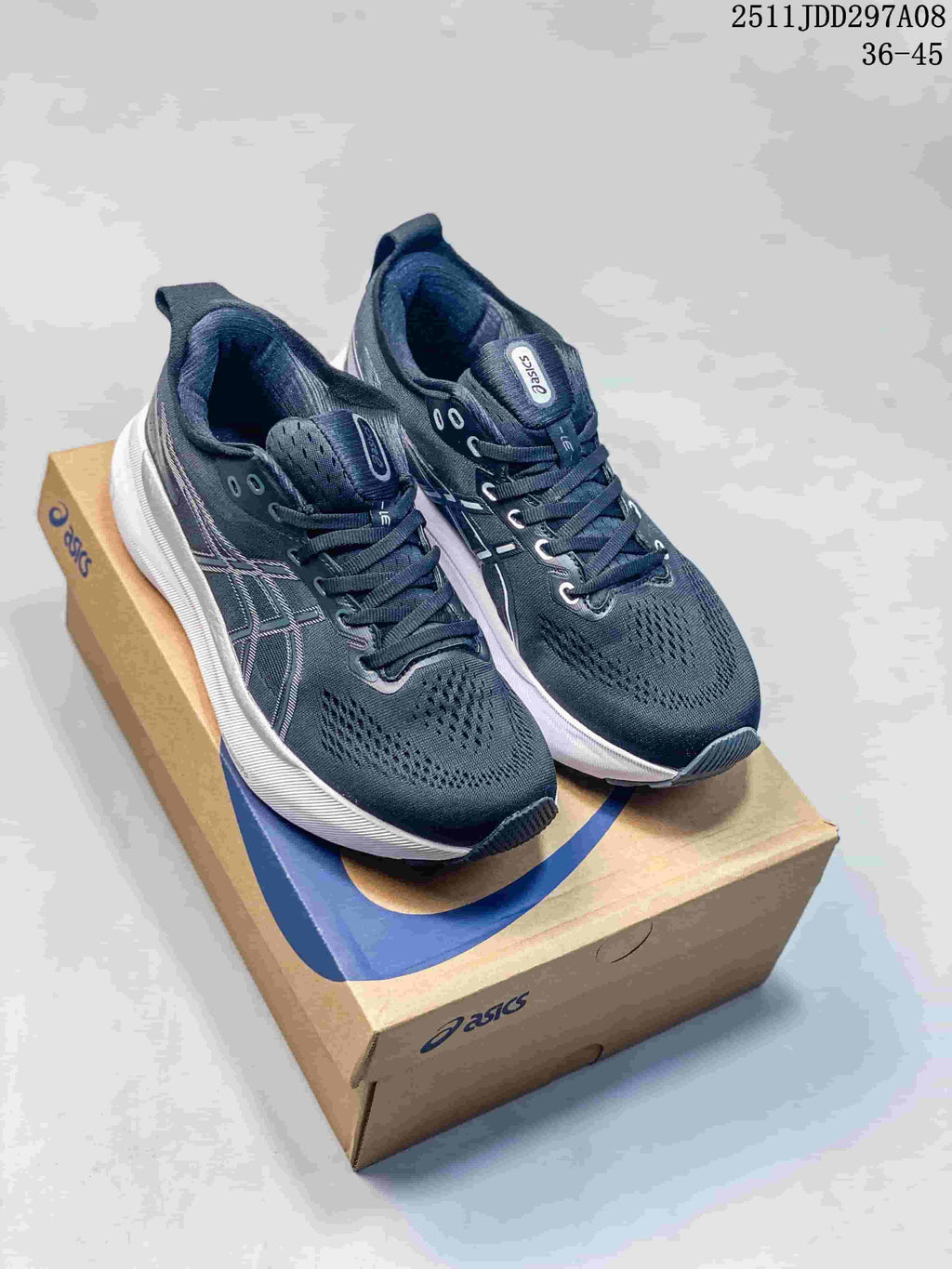 Pair of navy and white ASICS sneakers displayed on an ASICS shoe box; style code 2511JDD297A08 and size range 36–45 are visible in the upper-right corner.