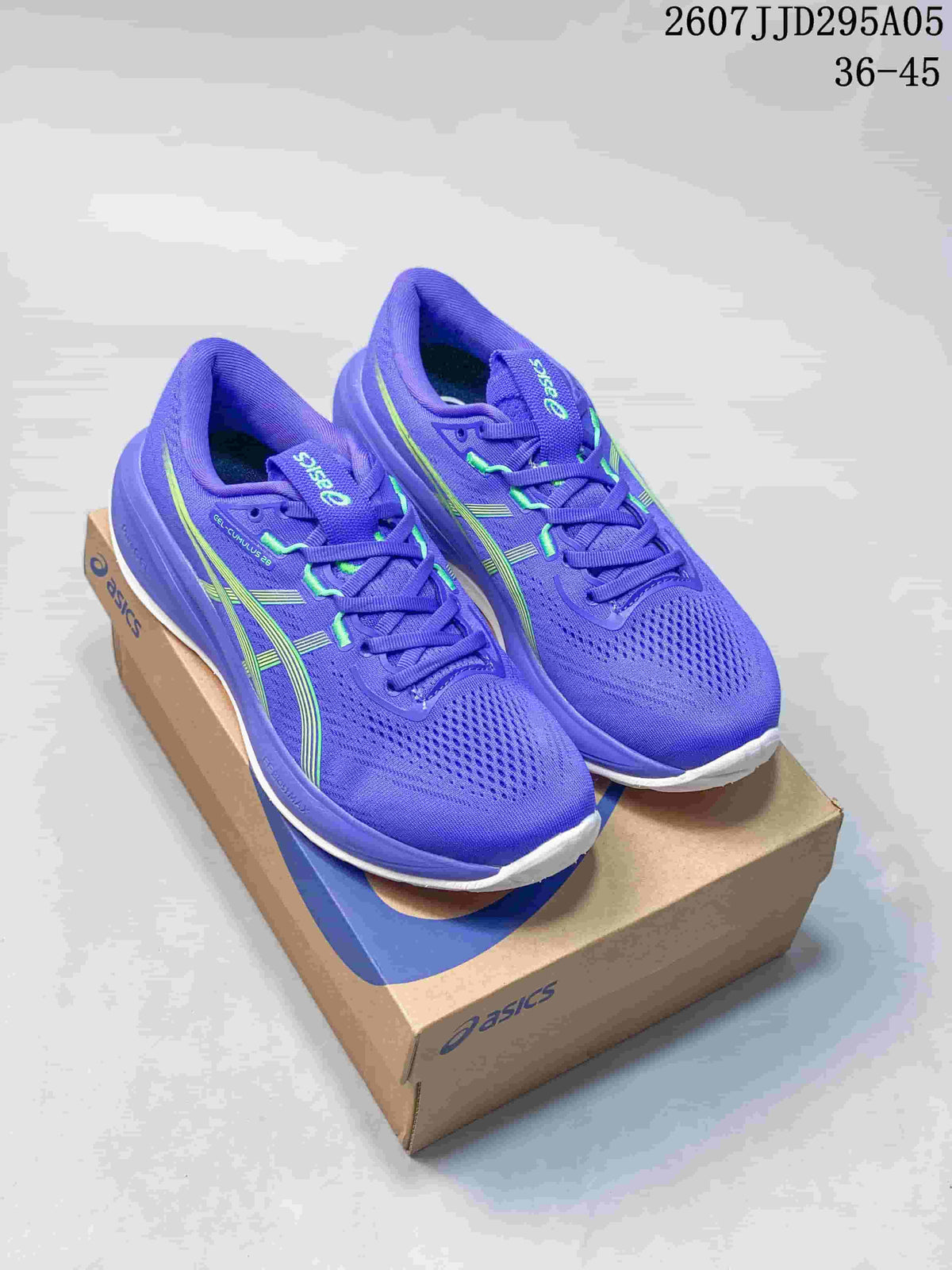 Pair of purple ASICS GEL-CUMULUS 28 sneakers with lime accents displayed on an ASICS shoe box.