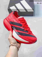 Red adidas Adizero Prime X3 shoe with dark side stripes.