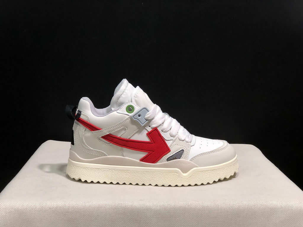 Side profile of a single white sneaker with red detailing and a black heel pull tab.