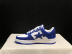 Full side profile of one blue and white Bape Sta low-top sneaker.