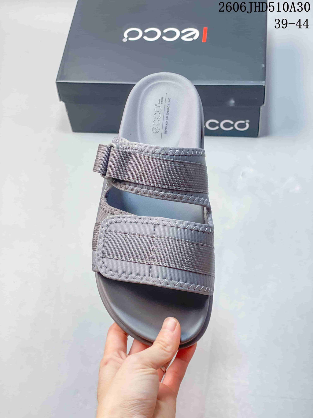 Top view of a grey ECCO sandal showing its adjustable straps and footbed