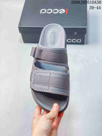Top view of a grey ECCO sandal showing its adjustable straps and footbed
