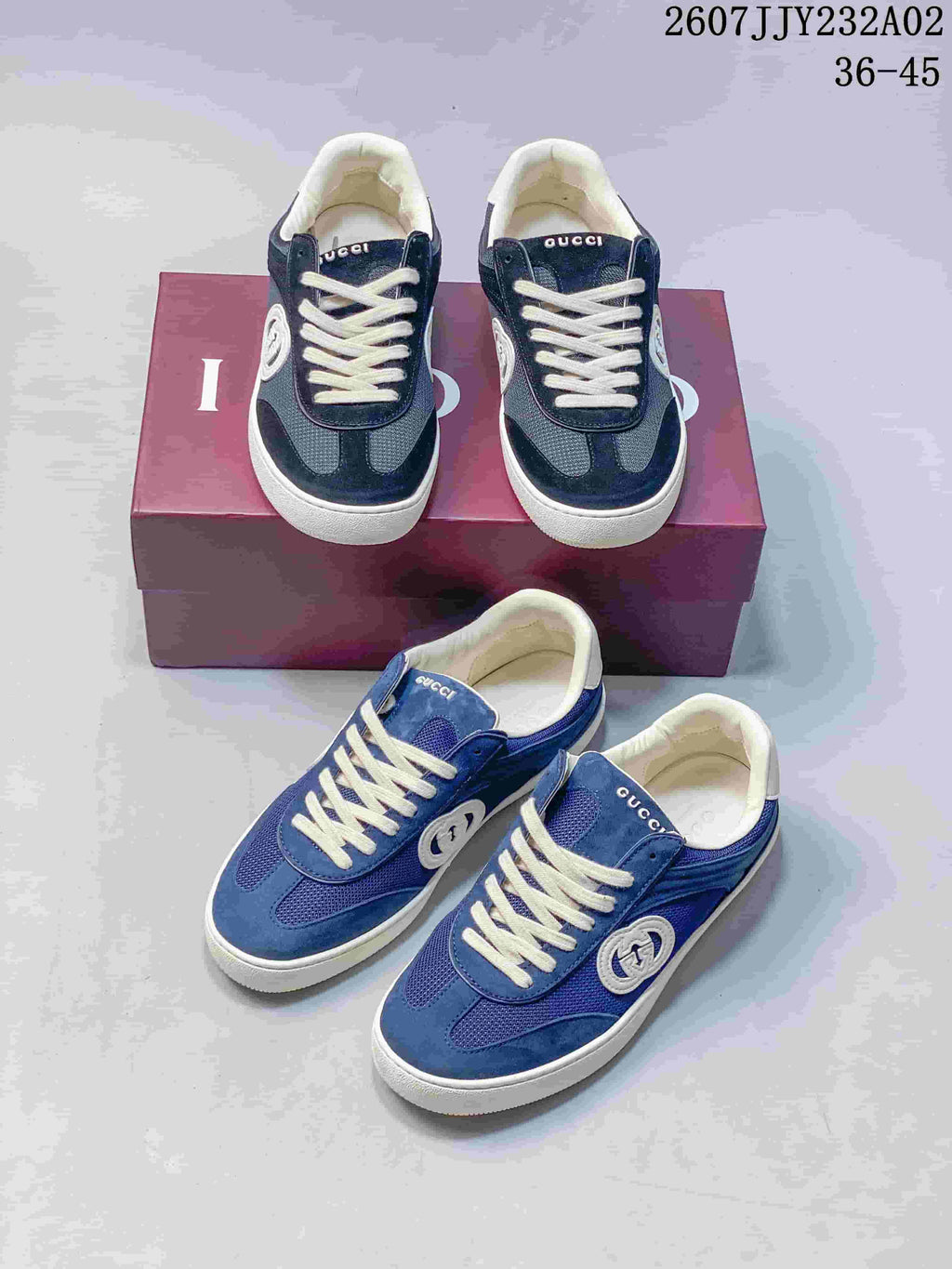 Several views of blue Gucci G75 low-top sneakers with white laces and circular side emblems.