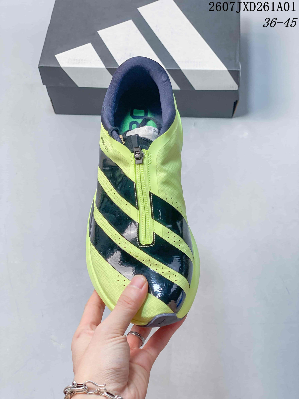 Top view showing the front zip closure and dark stripes