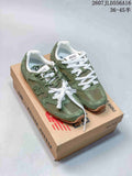 Green and brown Miu Miu x New Balance sneakers displayed on branded boxes, with the style code and size range overlaid at the top.