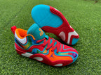 Jordan basketball shoe with patterned blue outsole visible
