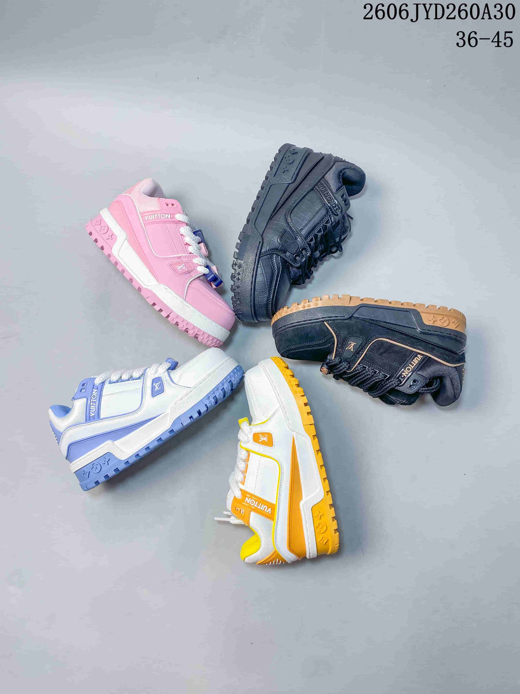 Several Louis Vuitton Trainer Maxi sneakers shown in different color combinations.