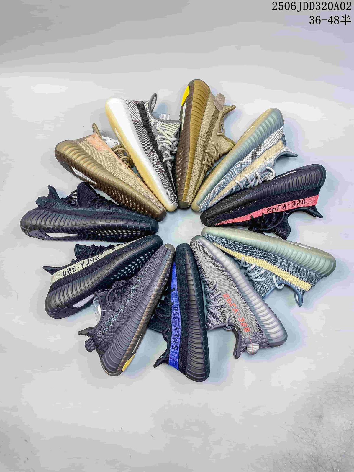 A range of knit sneakers in assorted colors arranged in a circle; image text shows code 2506JDD320A02 and sizes 36–48.5.