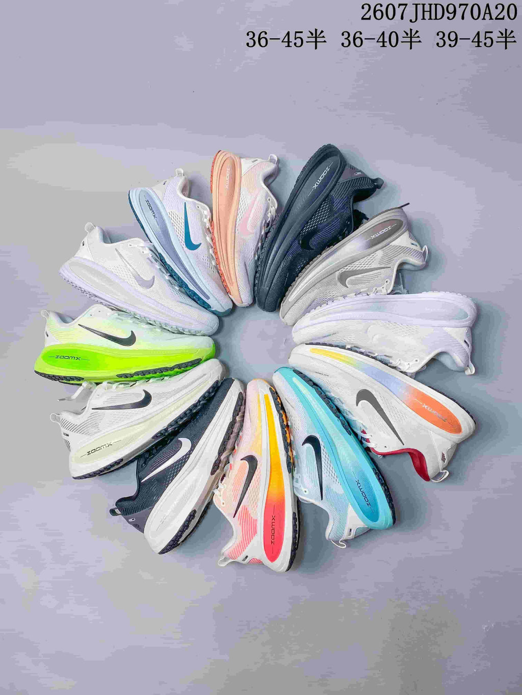 Flat-lay display of multiple Nike running sneakers in assorted colorways; overlaid text shows size ranges 36–45, 36–40, and 39–45.