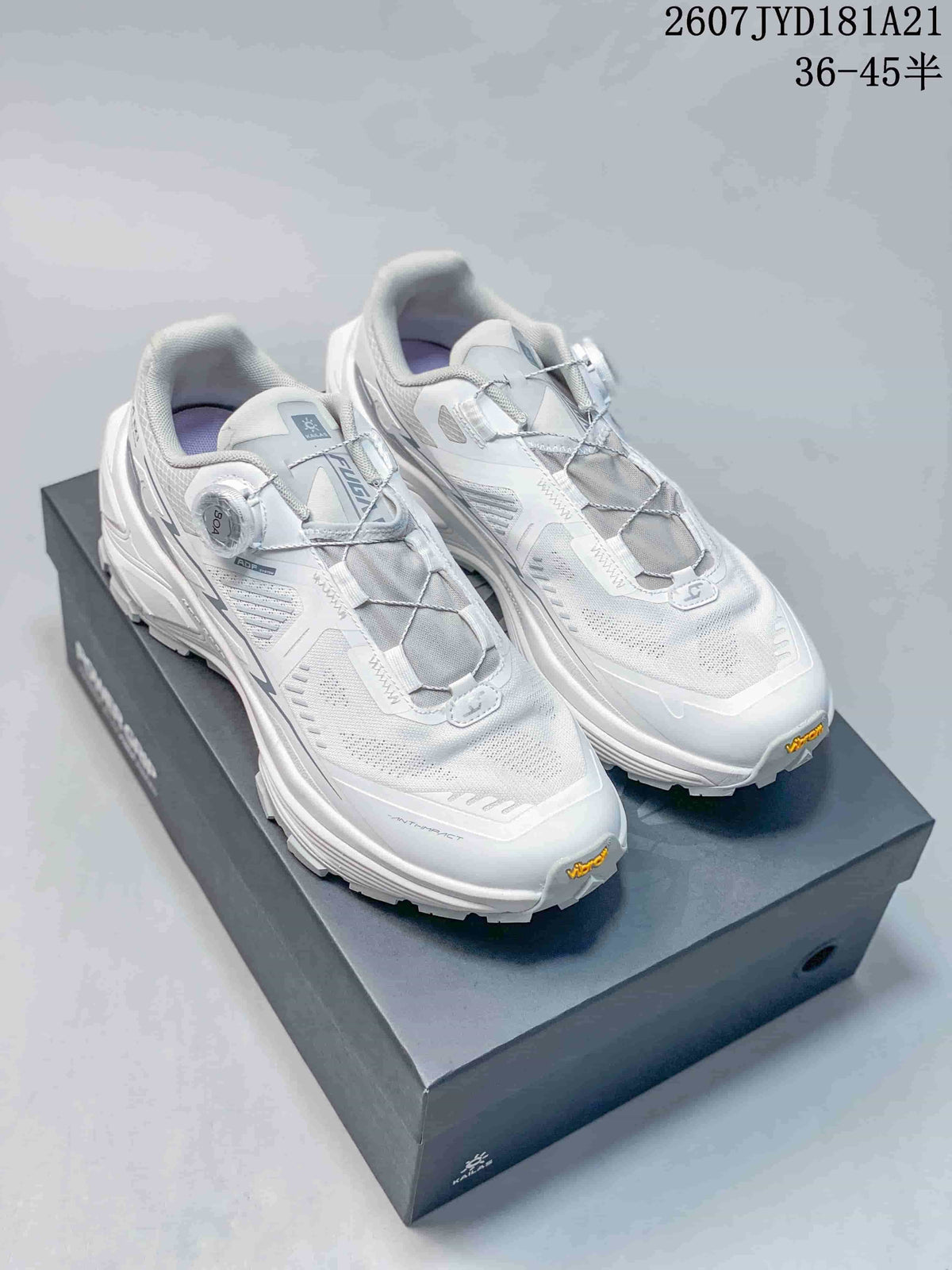 White KAILAS FUGA EX3 BOA shoes displayed on a shoebox, with the product code and size range overlaid above.