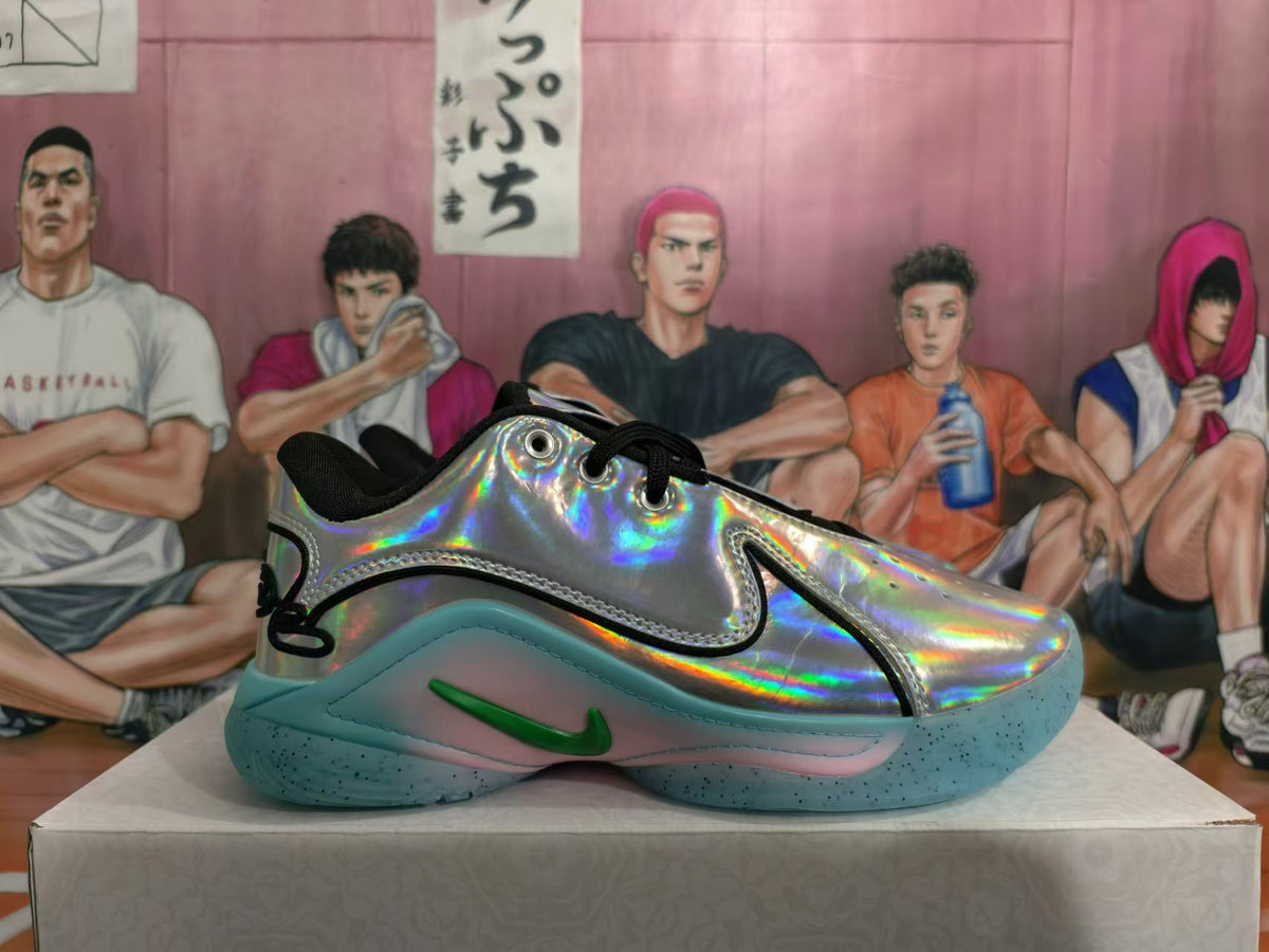 Side view of a silver holographic basketball shoe with a green Swoosh and turquoise outsole