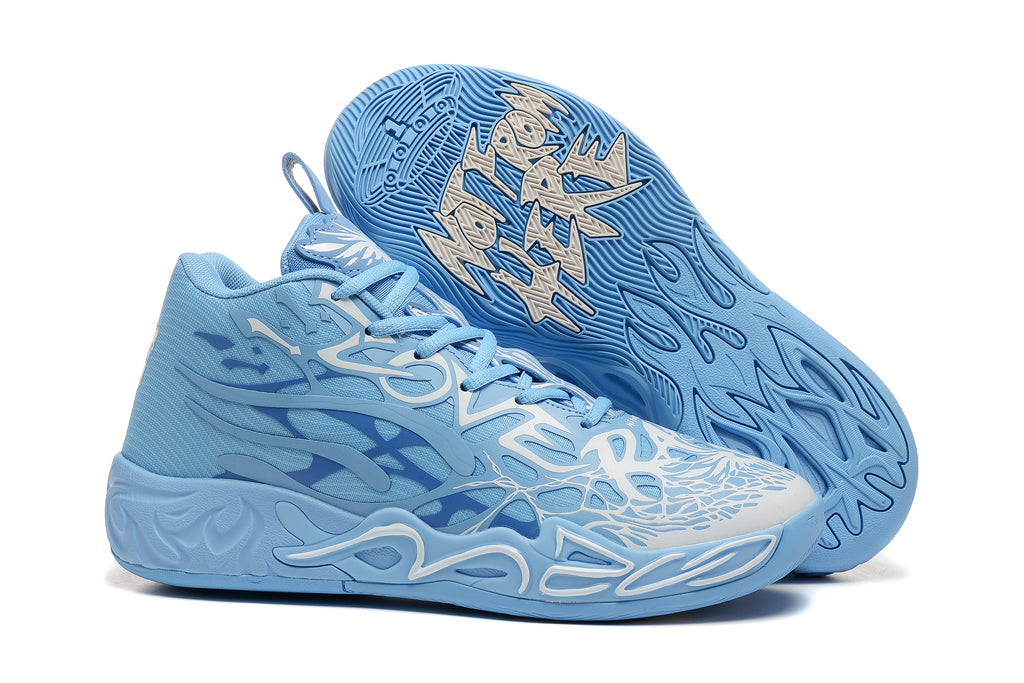 Light blue high-top basketball shoes with white and darker blue graphic details.