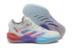 Light gray Adidas Adizero shoe beside its translucent patterned outsole