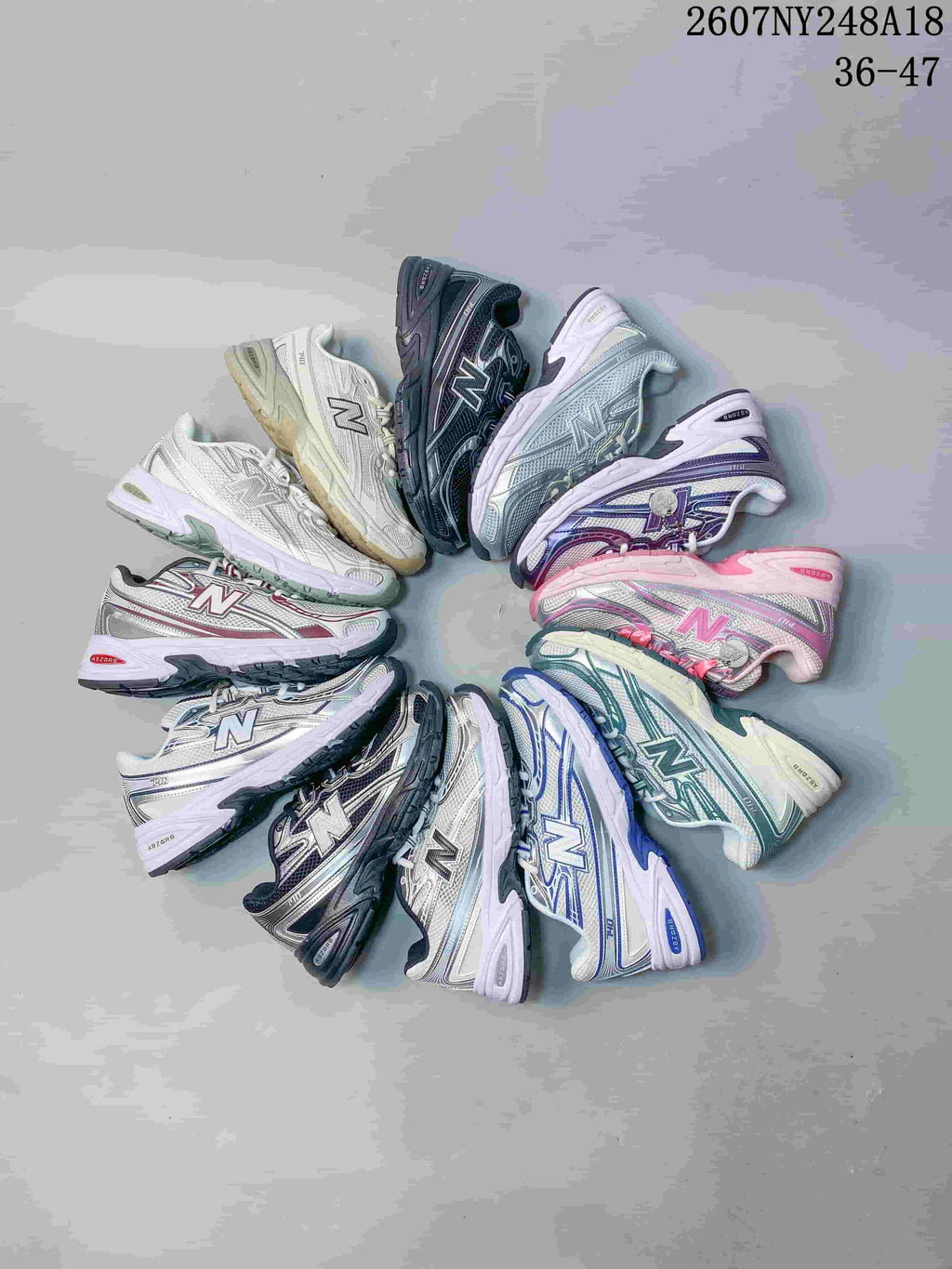 Group image showing New Balance 740 sneakers in multiple color variations arranged in a circle.